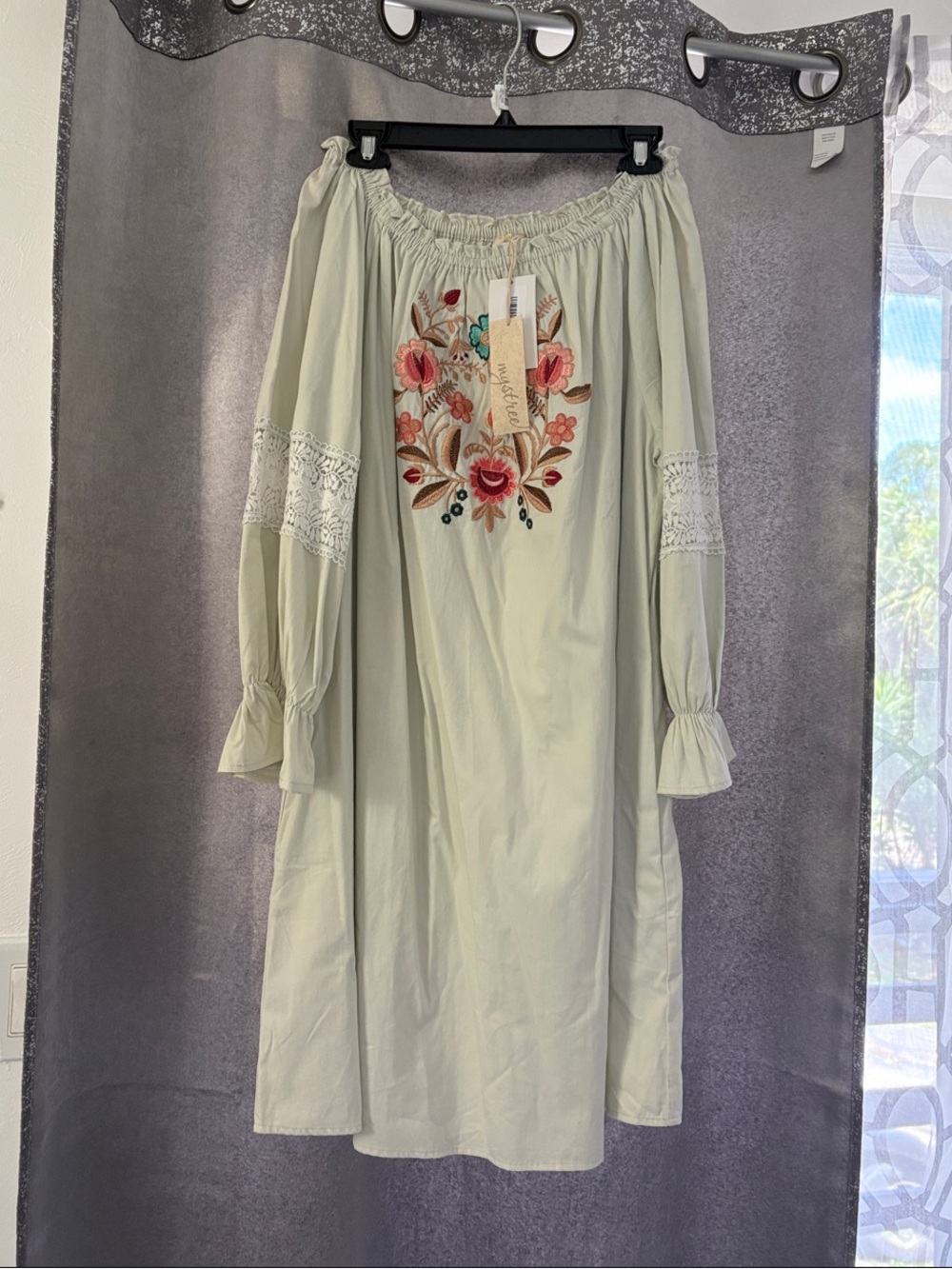Mystree Sage Green Embroidered Off-Shoulder Midi Dress